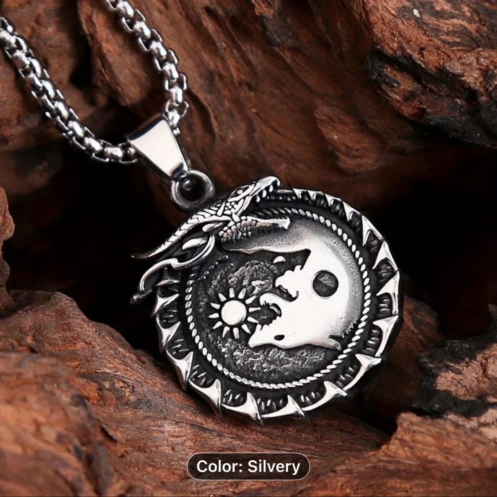Wolf Sun & Moon Pendant Necklace - Silver Coloured